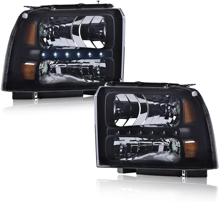 

LED Strip Headlights, Compatible with 2005-2007 Ford F250 F350 F450 F550 Super Duty/2005 Ford Excursion Smoky Lens Black Housing