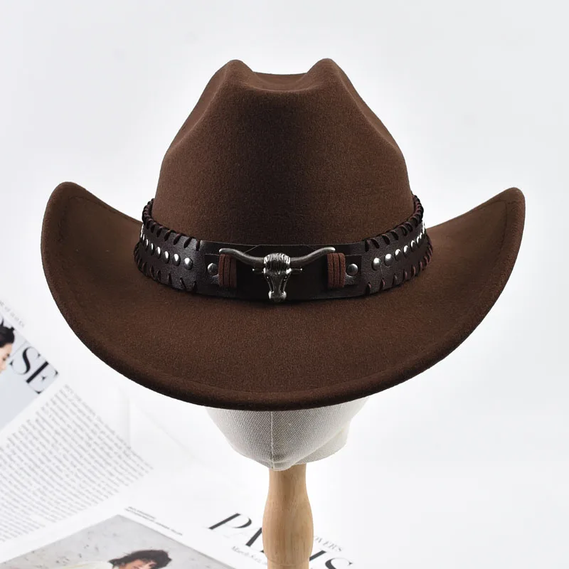 Retro Bull Ox Kopf Niet Leder Band Western Cowboy Hut Unisex Roll Up Krempe Cowgirl Jazz Hut Kirche Sombrero Hombre Caps – Detail 11