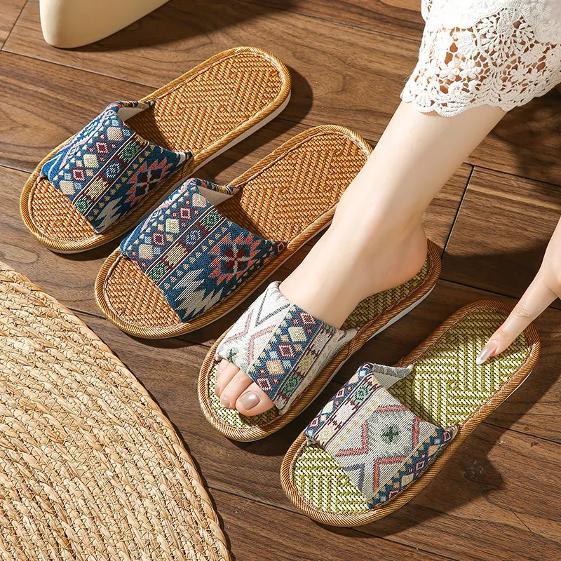 2026 New Linen Rattan Slippers for Summer Breathable Cool Thick Sole Non Slip Indoor Home Slides for Couples