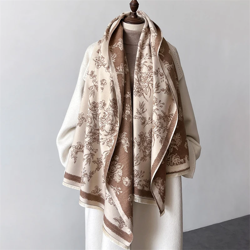 Winter Warm Shawl Elegant Floral Cashmere Scarf Women Thick Blanket Wrap Pashmina Bufanda Tassel Female Long Foulard 2024