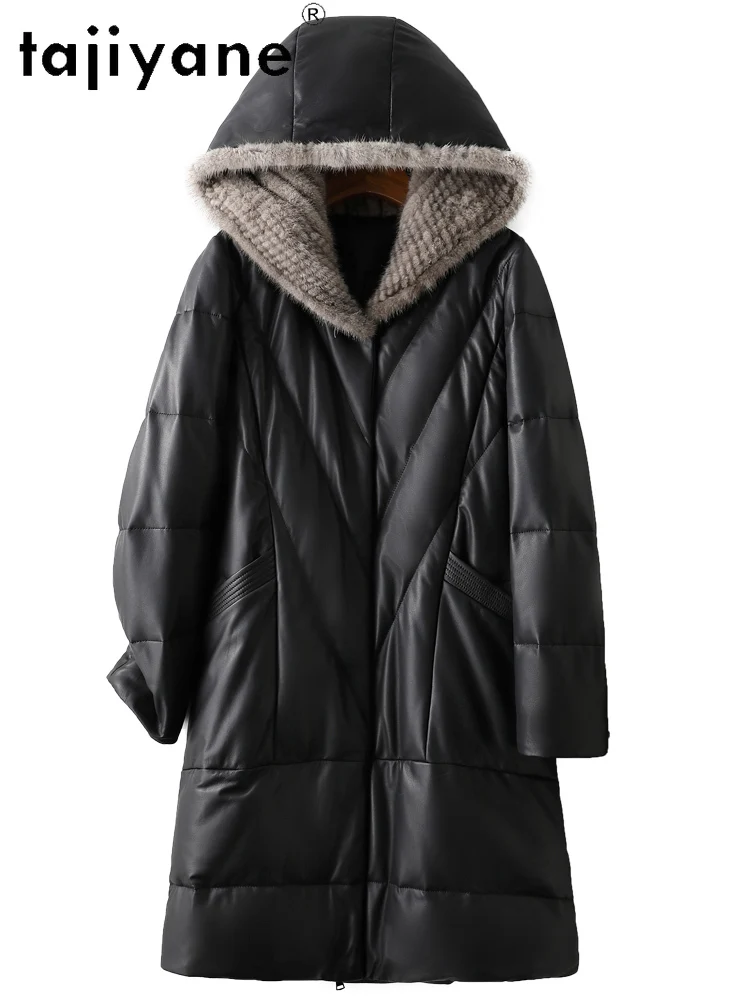 TAJIYANE 100 % genarbter Schaffell-Gänsedaunenmantel, schwarze Echtleder-Pufferjacke für Damen mit Nerzpelzmütze, 2025, Winterkleidung