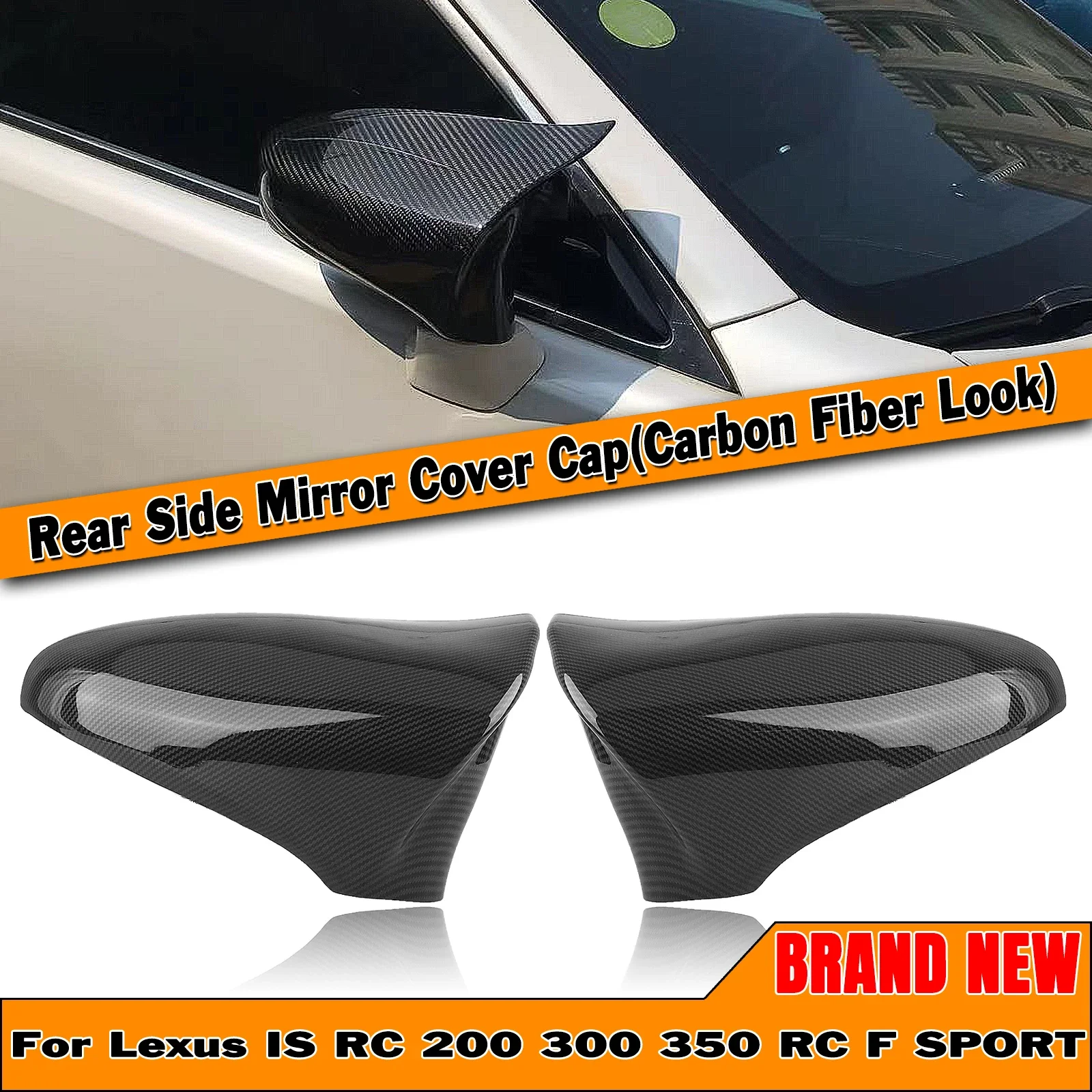  Mirror Cover For Lexus IS200 250 300 RC 200 300 350 RC F SPORT IS CT ES LS GS Carbon Fiber Look/Gloss Black Rear View Cap A