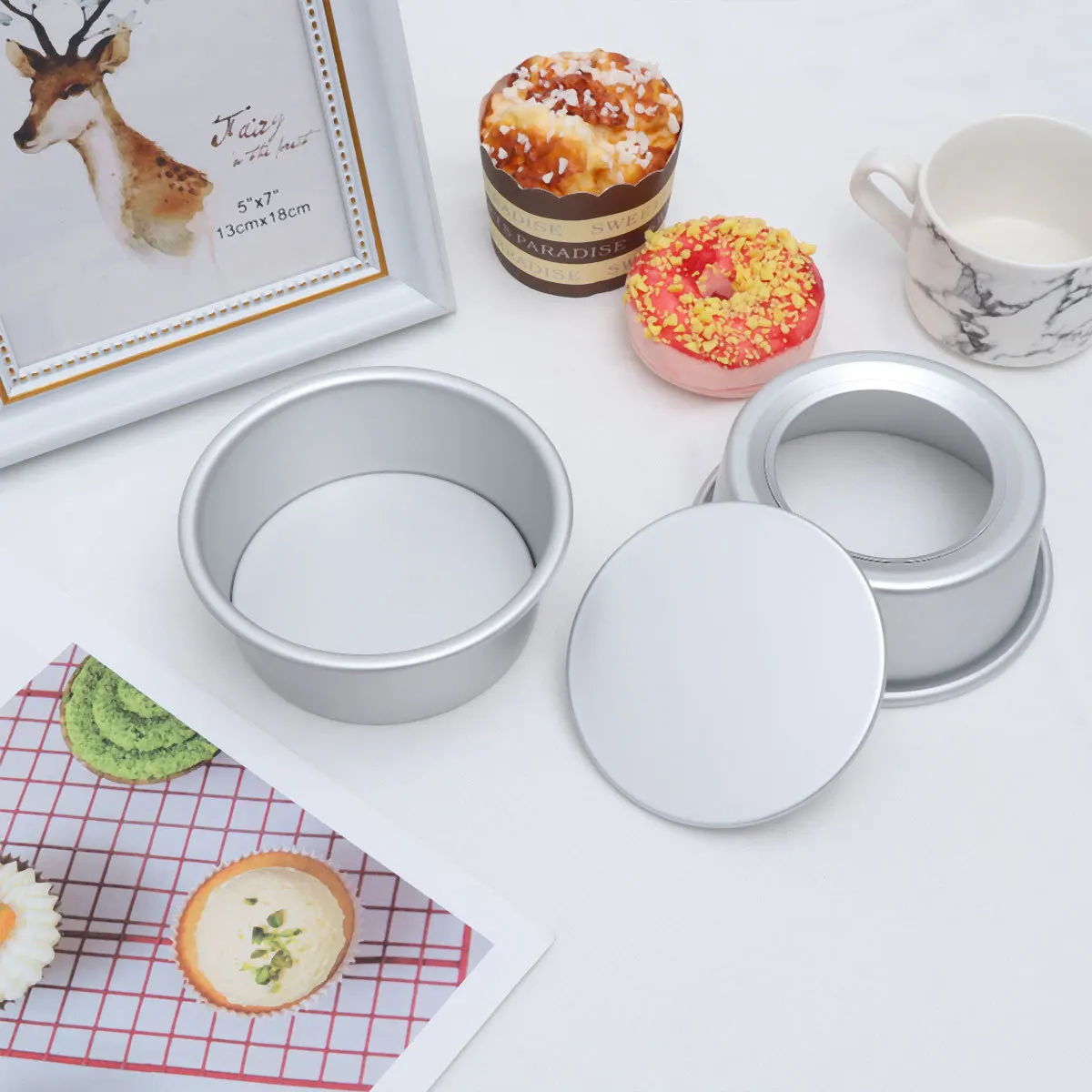 

4Pcs 4Inch Nonstick Alumium Alloy Cake Pan Round Baking Mould Removable Bottom Healthy Oil Pudding Chocolate