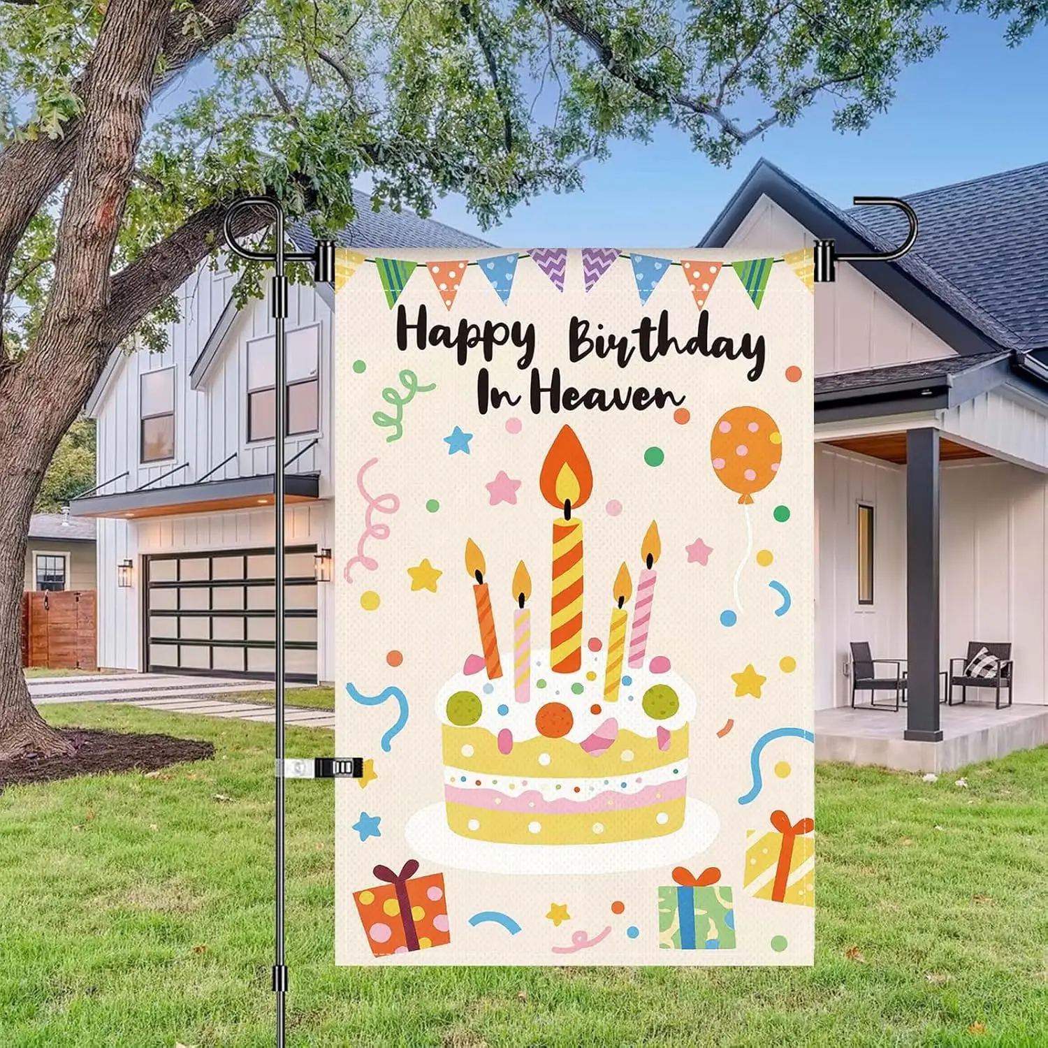 Happy Birthday in Heaven Garden Flags 12 x 18 Inch Double Sided Party Colorful Cute Cake Outdoor Garden Porch Yard Patio Dec PPZ