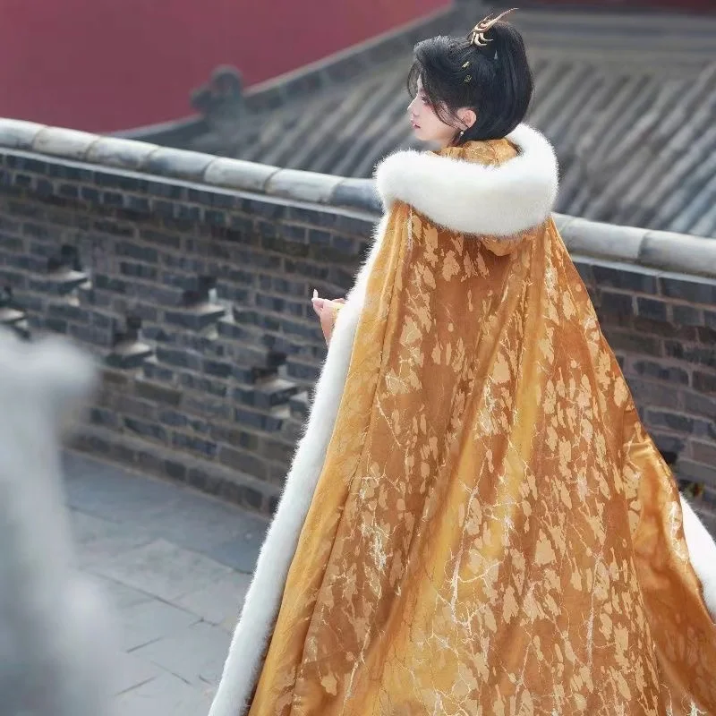 Original Autumn Winter Hanfu Cloak Hot Stamping Gold Woven Velvet Costume Vintage Palace Style Royal Outer Robe Cloak Women