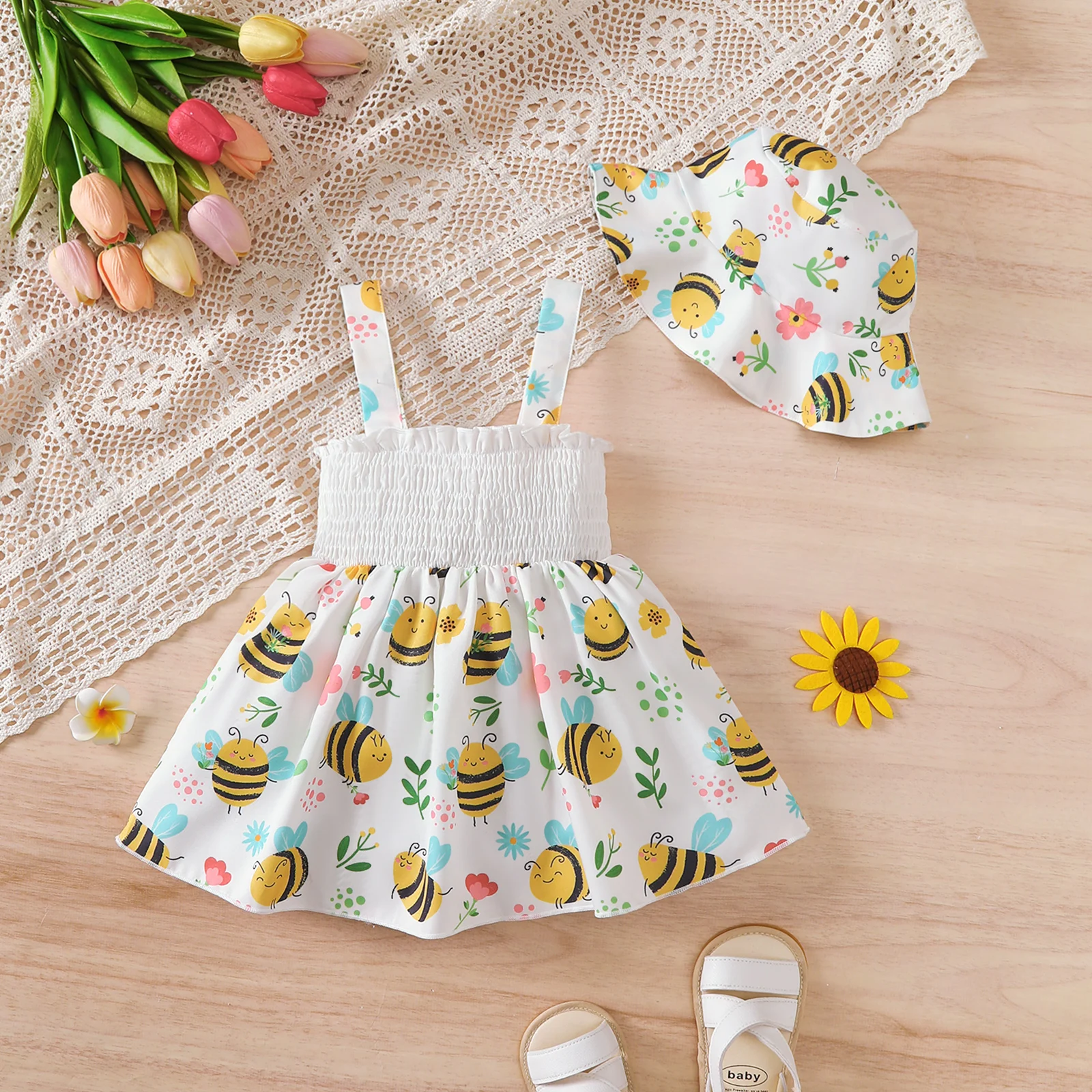 Fashion Baby Girl 2Pcs Bee Print Outfit Set Sleeveless Smocked Dress + Matching Sun Hat For 0-3Y Toddler Casual Summer Clothes