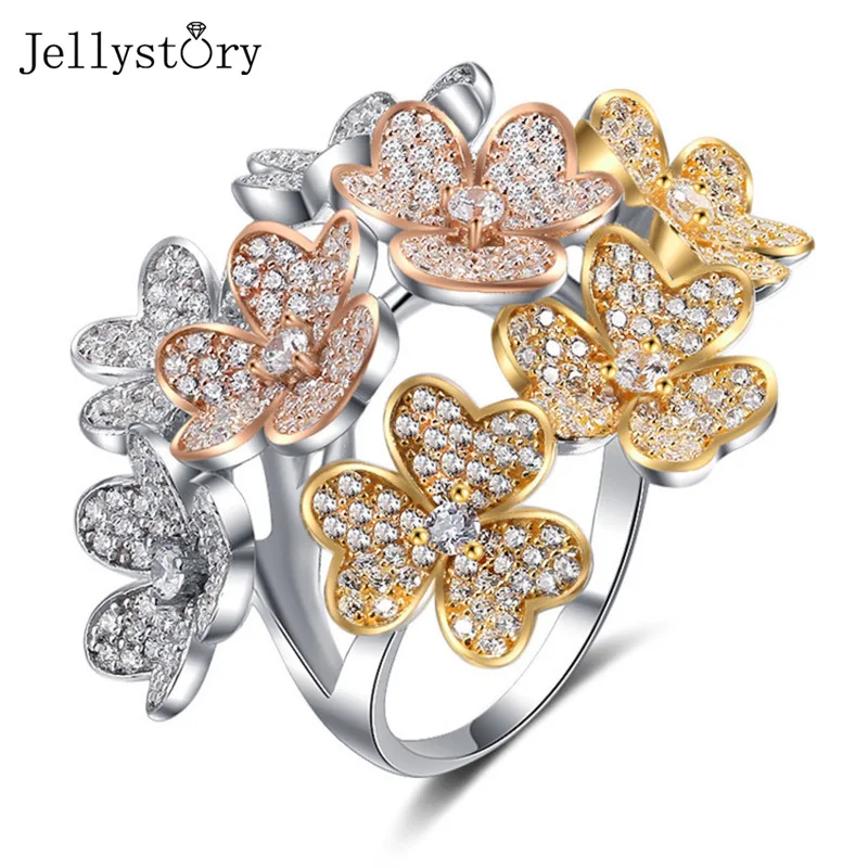 

Jellystory 925 Sterling Silver Zircon Rings For Women Simple New Trend 3 Colors Flower Shape Wedding Anniversary Fine Jewelry