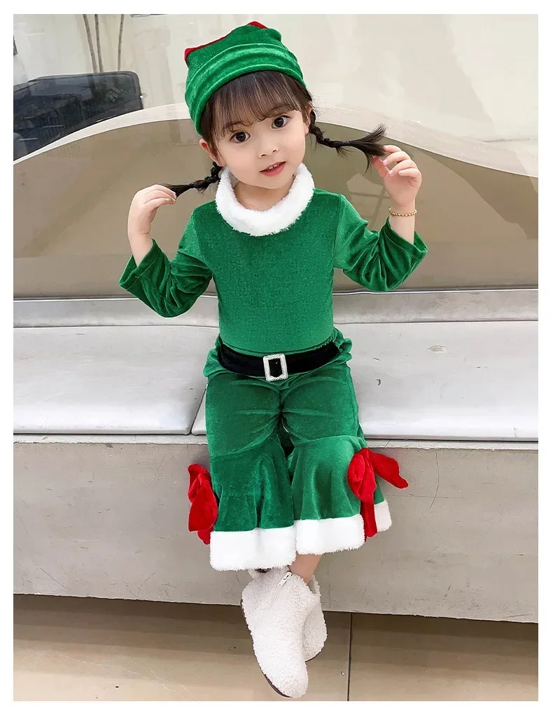 Disfraz de elfo de Año Nuevo para niña, conjunto de traje de Papá Noel verde con sombrero, vestido de fiesta de Navidad elegante, disfraces de actuación