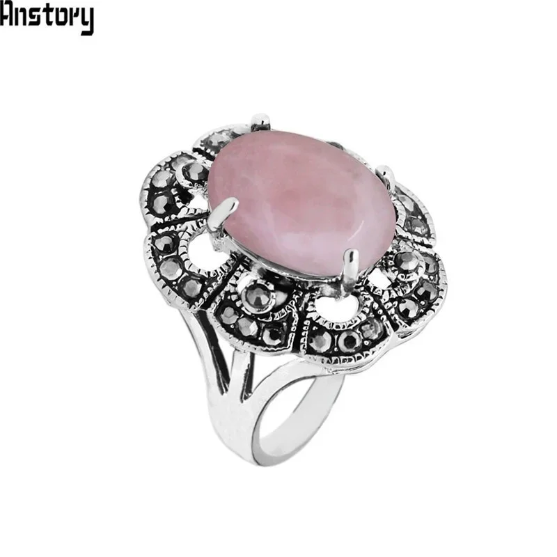 Oval Pink Quartz Rings For Women Antique Silver Plated  Natural Stone Rhinestone Hollow Flower Vintage Fashion Jewelry TR710