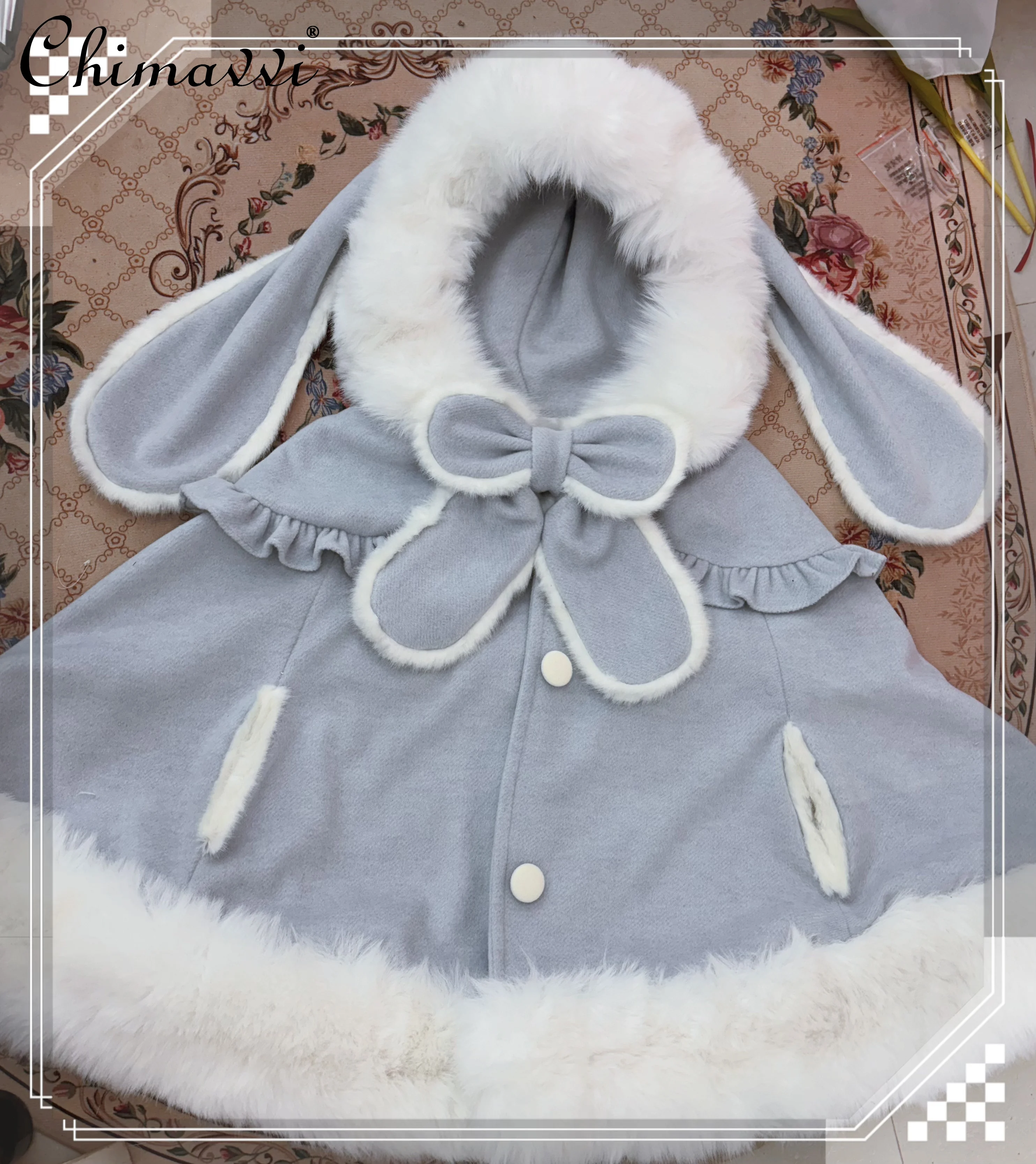 

Autumn Winter Sweet Girls Cute Furry Hooded Cloak Lolita Big Bow Plush Thickened Poncho Female Cape Coat Fleece Jackets Women