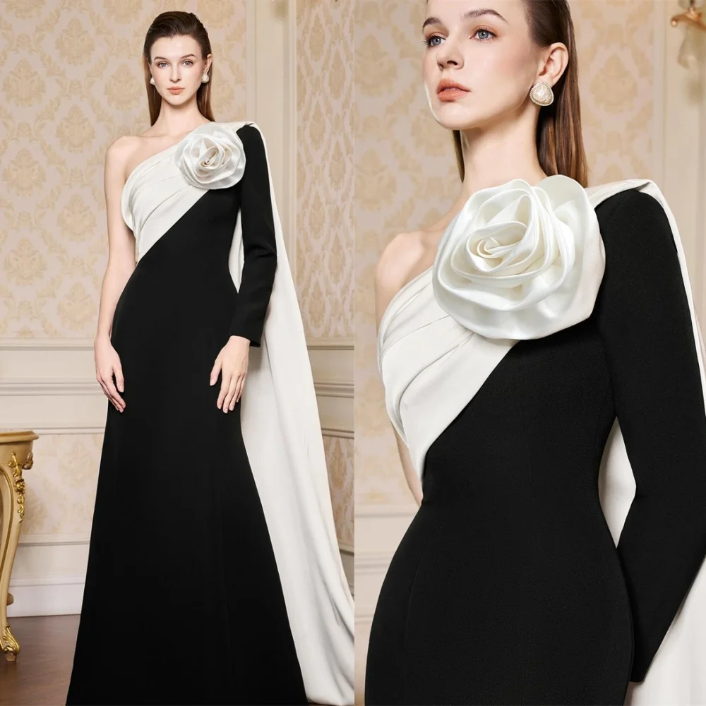 

Customized Exquisite Black Jersey Evening Dress Delicate One Shoulder Long Sleeves Zipper Back Contrast Color Cocktail Dress
