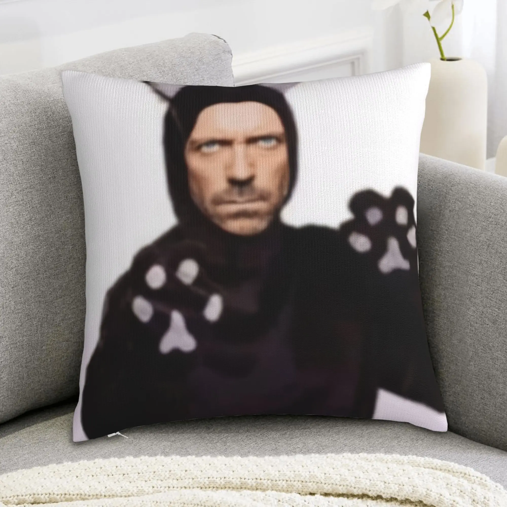 1pc Funny Hugh Laurie Cat Man Pillow Cover, Polyester 2D Double-Sided Print, Meme Character Art, Humor Fan Home & Car Decor Gift