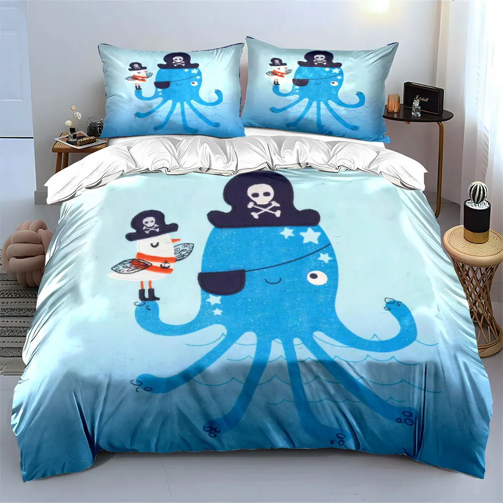 "Pirate Octopus Kids Bedding Set" Soft Skin-Friendly Bedding Set Includes 1 Duvet Cover And 2 Pillowcase, Gift