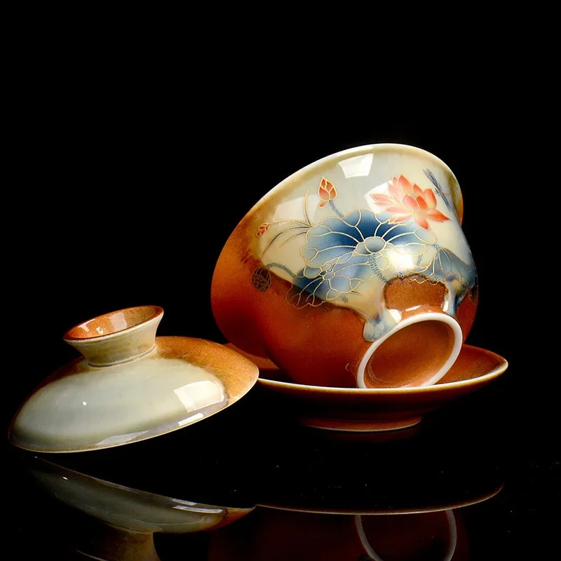 رسمت باليد لوتس غايوان السيراميك الخزف الشاي تورين السلطانية تدوير غطاء الصحن خمر فناجين الشاي حفل الشاي درينكوير #3
