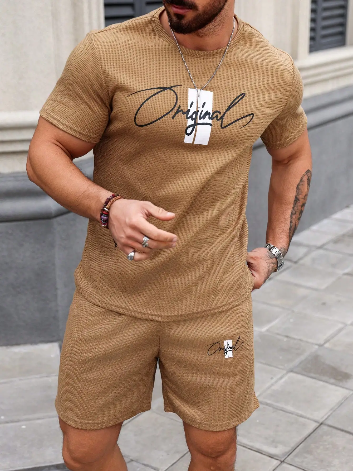 New men's set with fashionable letter print round neck short sleeved T-shirt, plus size casual set, men's drawstring pocket shor