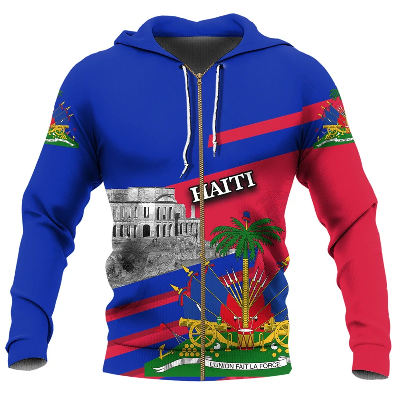 

New Fashion Sports Haitian Flag Pattern Zip Up Hoodies Caribbean Sea Haiti Island National Emblem 3D Print Long Sleeve Pullovers