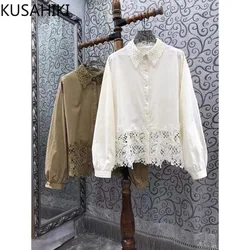 KUSAHIKI camicia Patchwork di pizzo da donna a maniche lunghe colletto rovesciato 2024 autunno nuova camicetta Chic di nicchia scavata top