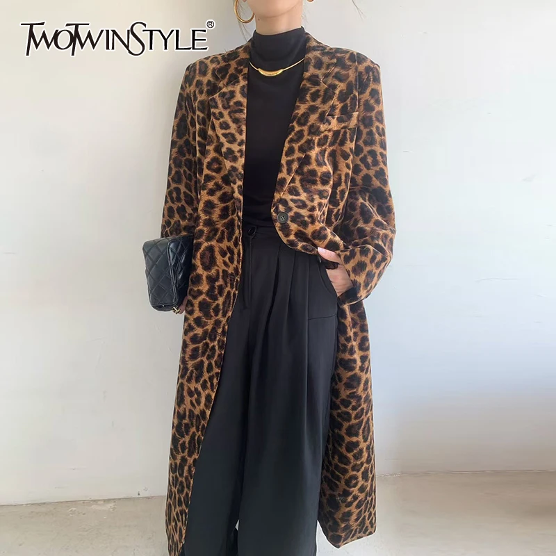 TWOTWINSTYLE Leopard Printing Casual Trench For Women Notched Collar Long Sleeve Patchwork Button Temperament Coats Female New