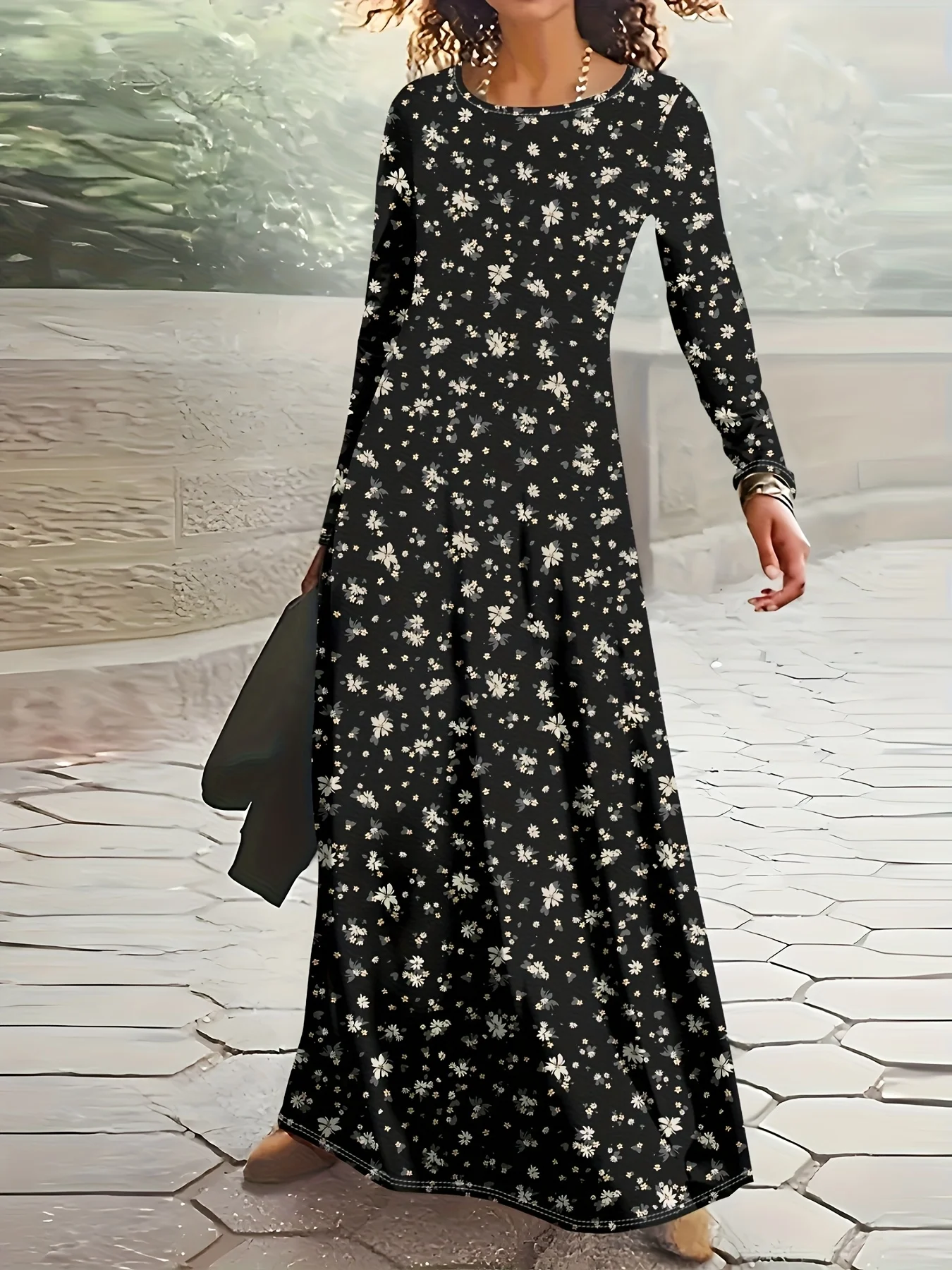 Printed Design resort style Black Floral Print Dress Pattern women's dress