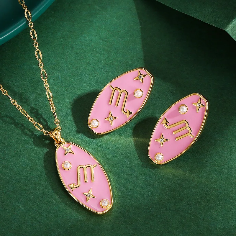 Fashion Handpainted Enamel Pink Geometric Shape Constellations Scorpio Pendant Necklace Earring Set Jewelry for Women Vintage