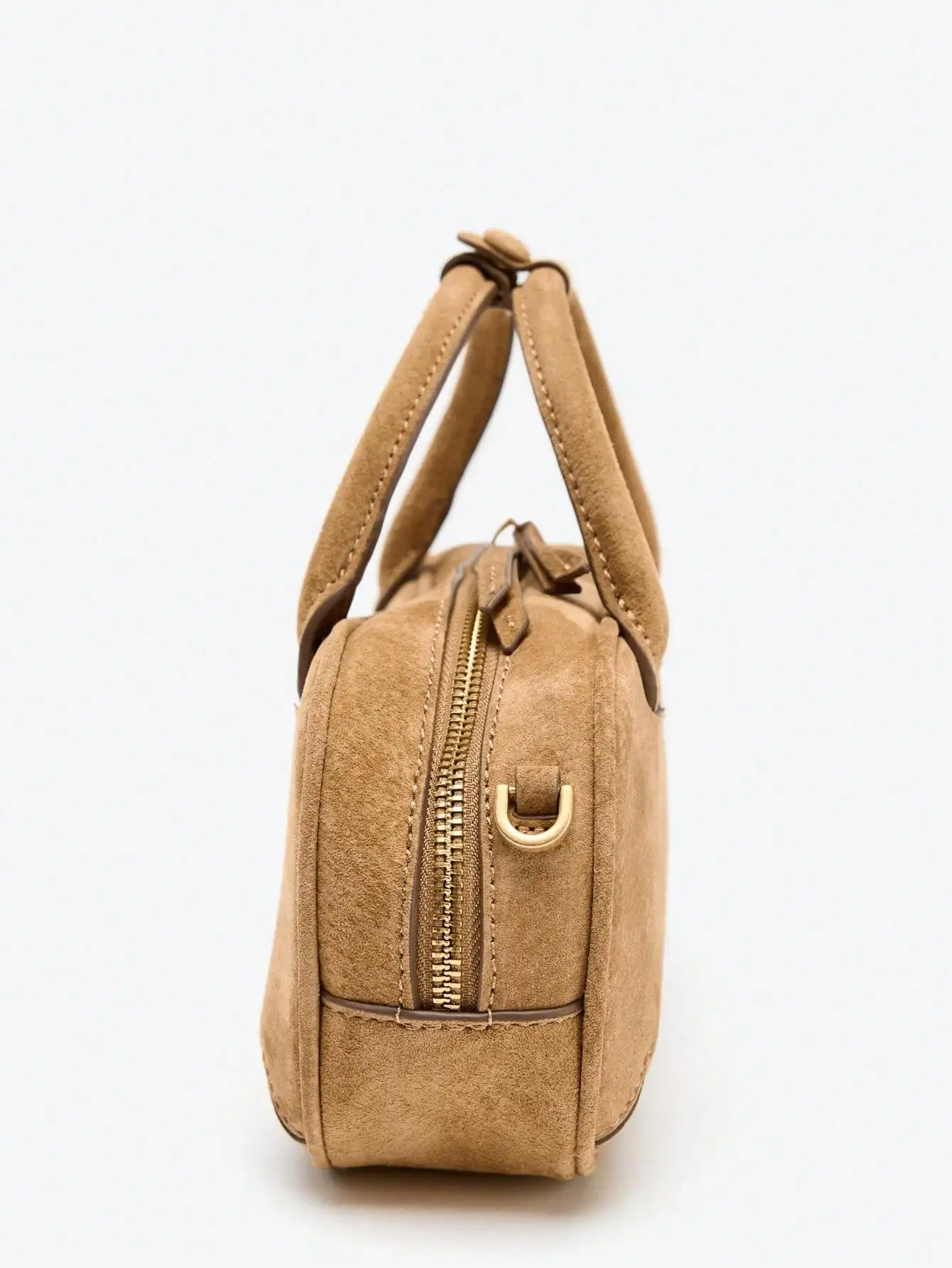 Tas Boston wanita kecil dengan dua pegangan, bahan suede, warna camel, model baru musim gugur-dingin 2025, dilengkapi tali selempang.