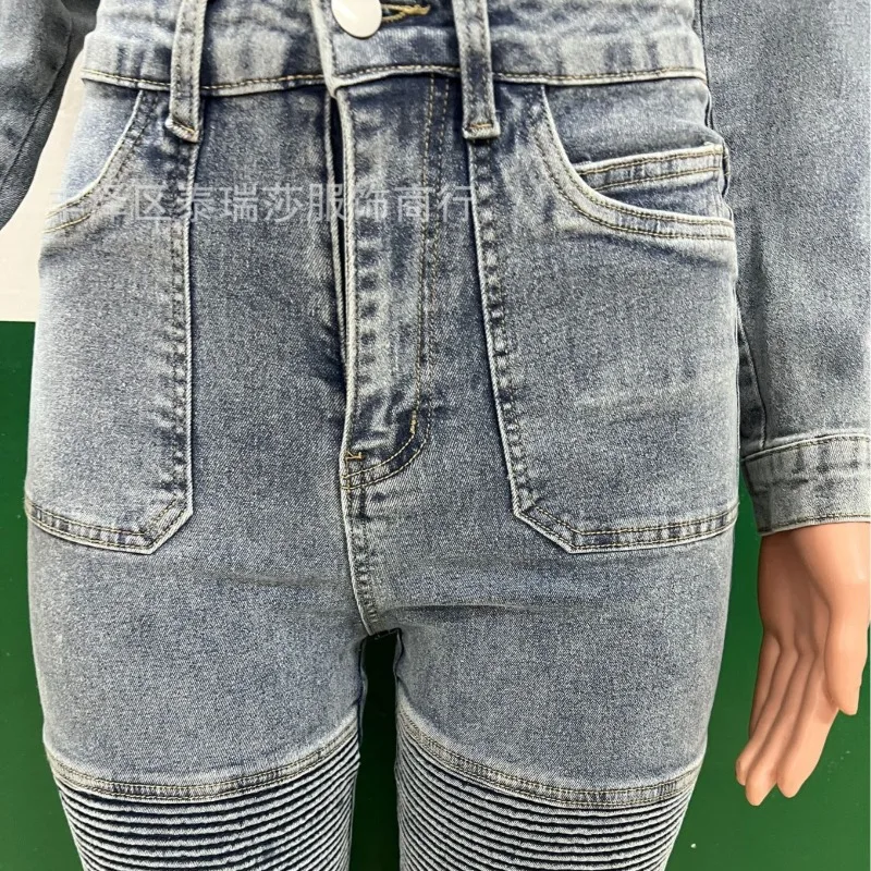 الدنيم 2 قطعة مجموعة النساء تمتد رفض طوق سحابات أكمام طويلة جاكيتات بلايز + عالية الخصر سروال شكل قلم رصاص السببية الجينز الدعاوى #6