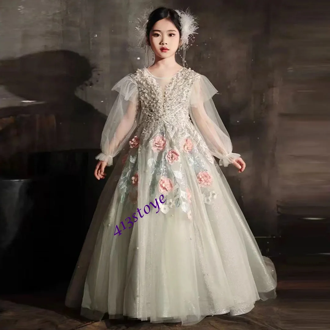 فستان فتاة فاخر مخصص من الكريستال الأخضر المريمية على شكل حرف a بأكمام طويلة للأطفال العربيات فستان الأميرة لحفلات الزفاف وأعياد الميلاد والعطلات