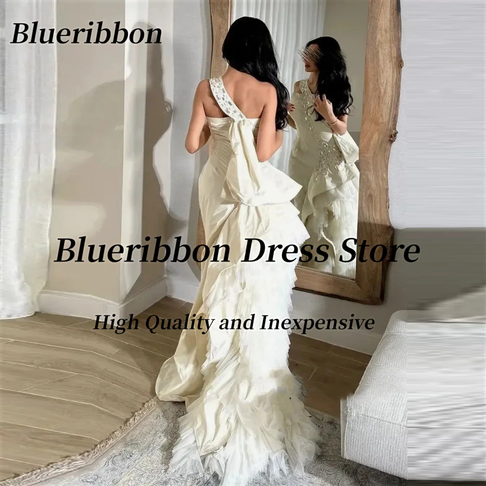 Blueribbon One Shoulder Prom Party Formal Dresses Beaded Tulle Long Ruffles Evening Gowns Sexy Back Robe Des Marrige