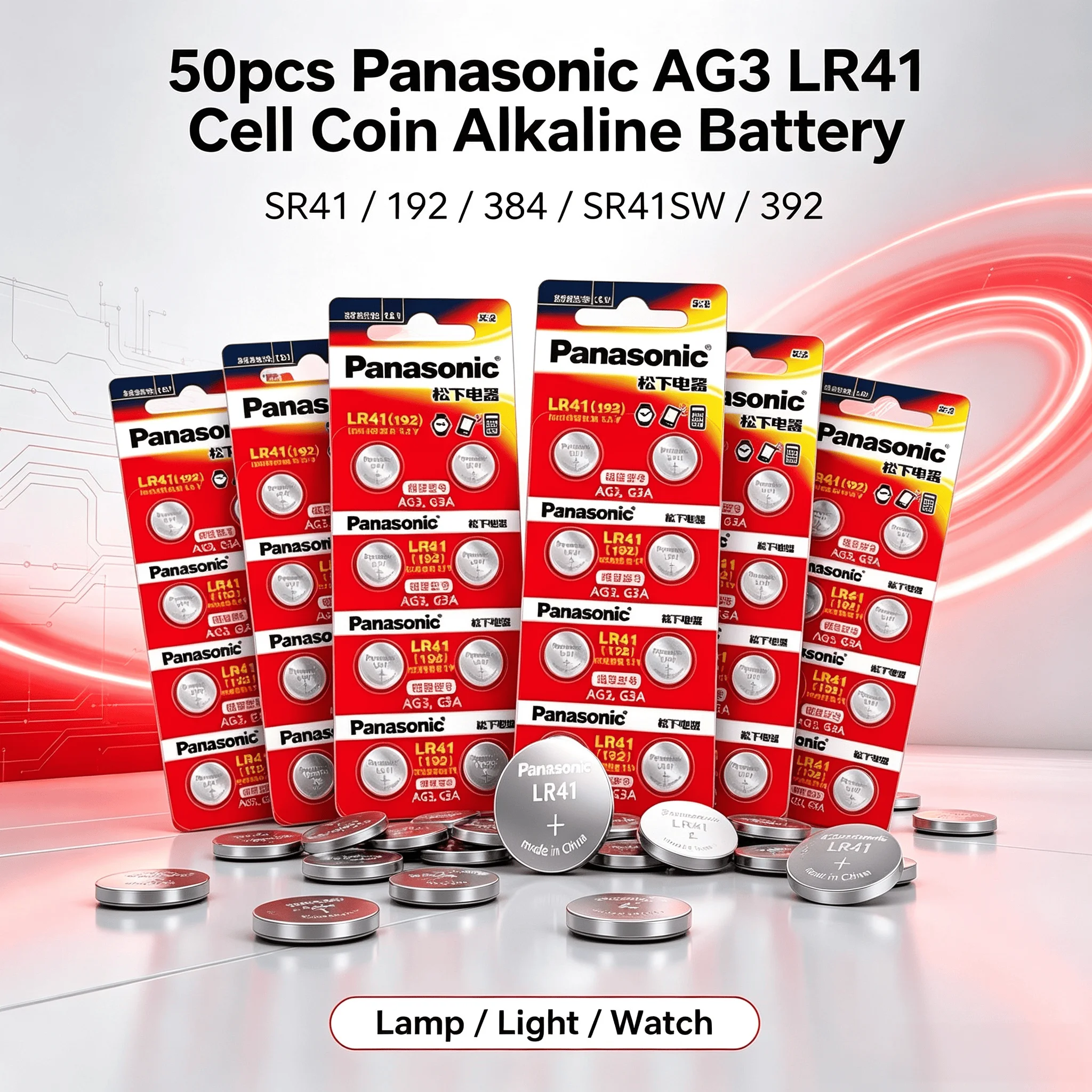 50pcs Panasonic AG3 LR41 Cell Coin Alkaline Battery Button Batteries SR41 192 384 SR41SW 392 Lamp Light Watch