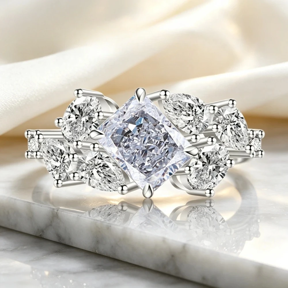 925 sterling silver gemstone ice flower ring for women - high-carat diamond, fashionable and unique finger ring