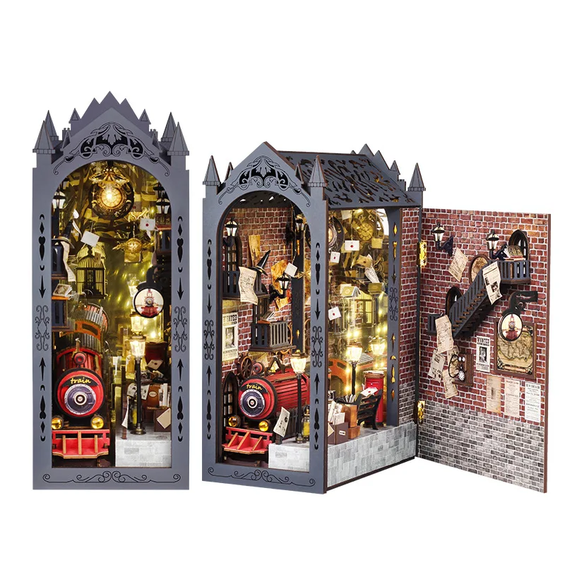 DIY Wooden Magic Christams Book Nook Shelf Insert Kits Miniature Model Kit Flower House Bookend for Friends Birthday Gifts