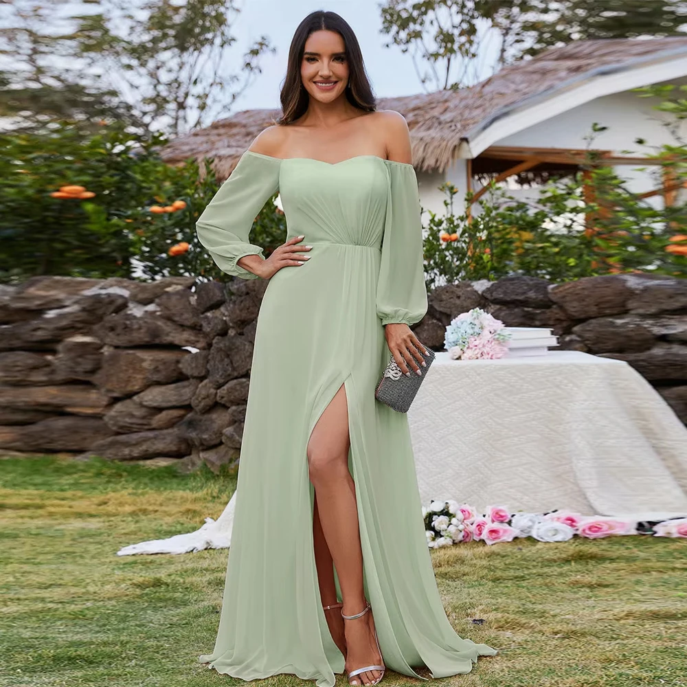 

BAZIIINGAAA Party Dress Chiffon Maxi Long One Shoulder Evening Dresses With Lantern Sleeves Evening dress