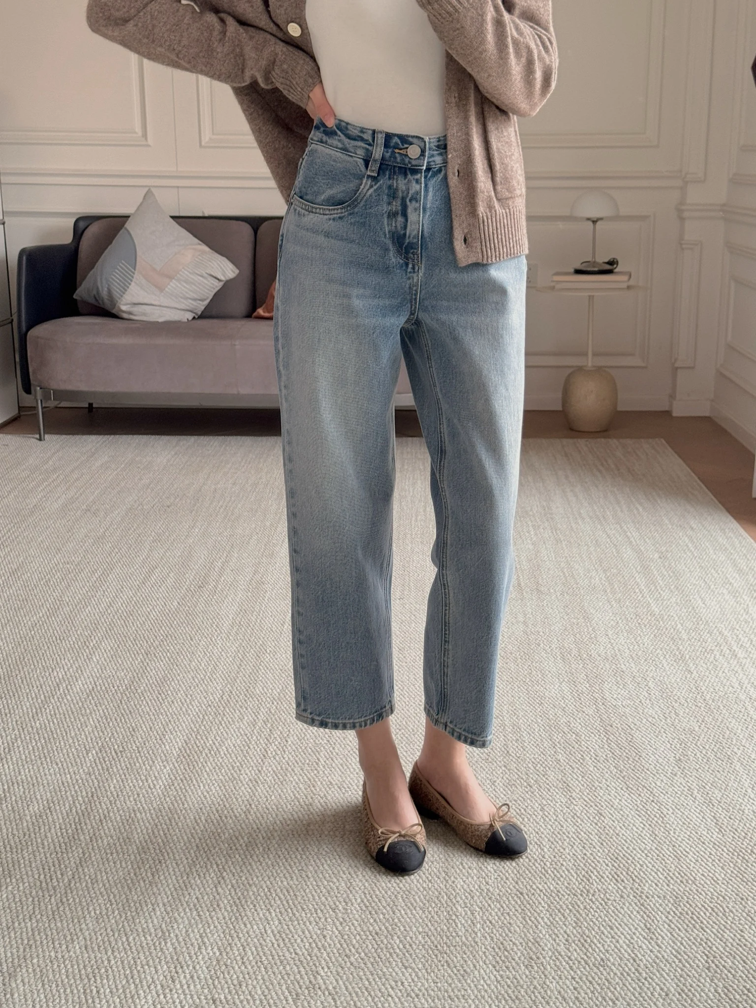

Vintage Washed Loose Micro Cone Nine-Tenths Straight Leg Jeans High Waist Cotton Casual Pear Hip Wide Eye Closed Entry