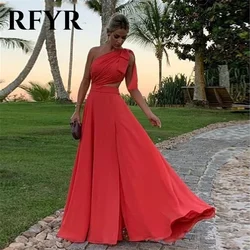 RFYR Flowing Chiffon Prom Gown A Line Prom Dress One Shoulder Red Long Evening Dress Wedding Party Gown Cut Out Vestido De Festa