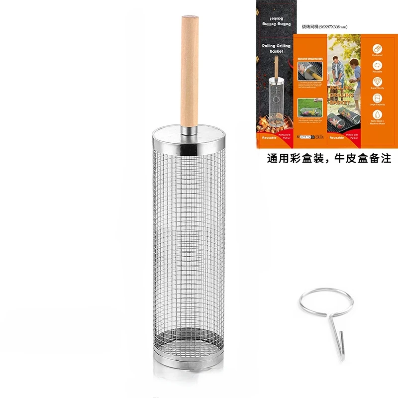 

Rolling Grilling Basket BBQ Net Tube Round Stainless Steel BBQ Grill Mesh Cylinder Camping Barbecue Rack for Vegetables Fries
