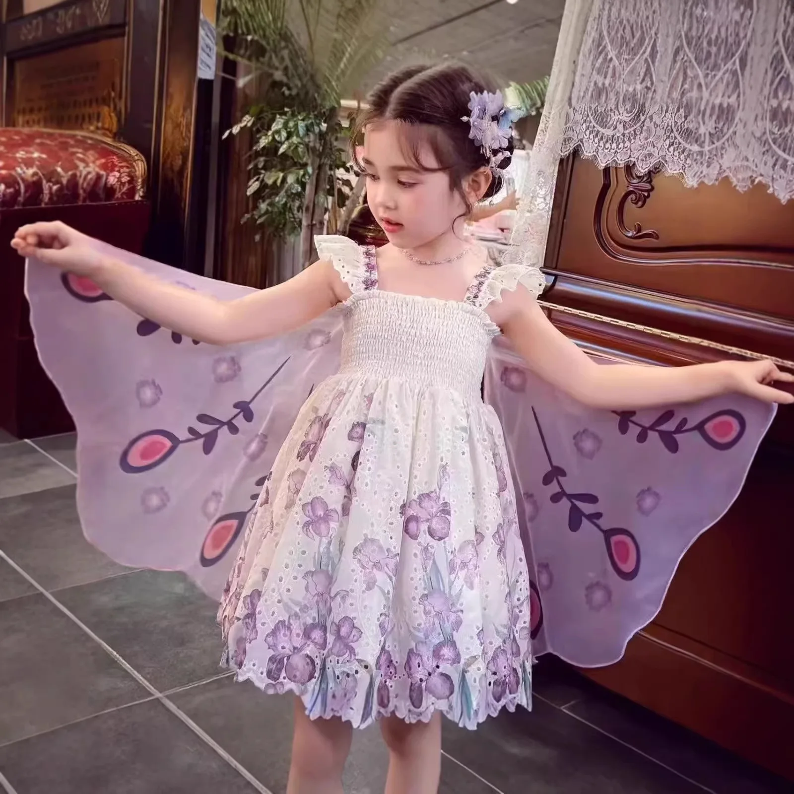 Girls skirt summer new floating print wings suspender vest dress princess dress female treasure