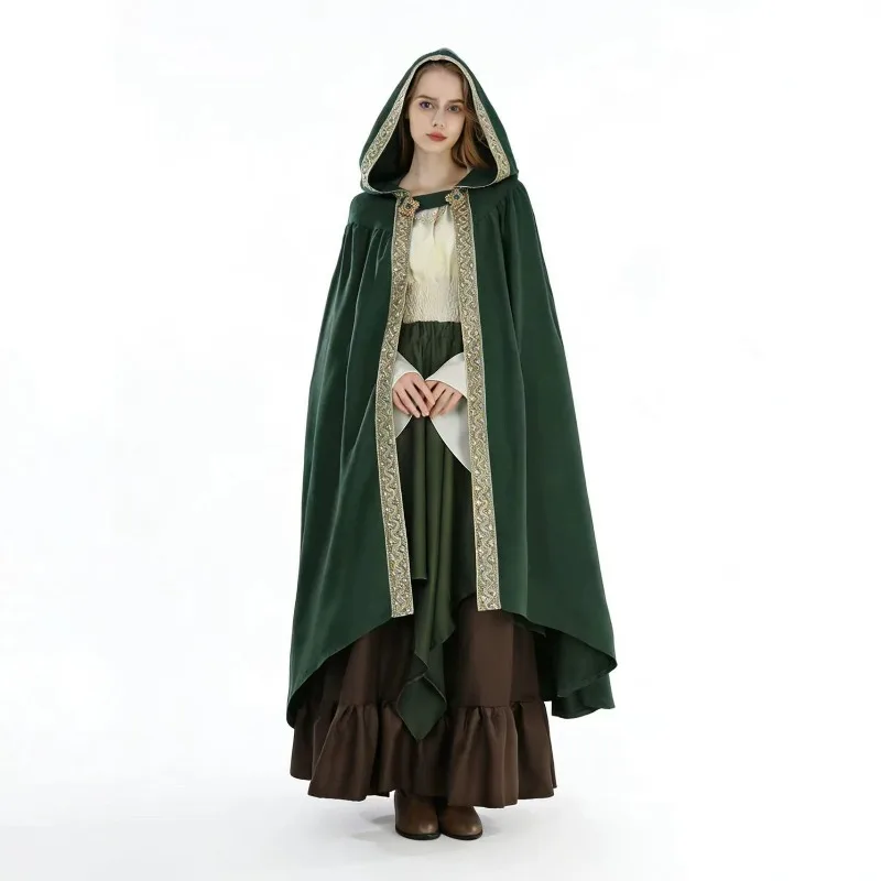 Women Medieval Victorian Vintage Hooded Cloak Vampire Wizard Cosplay Cape Robe Adult Halloween Party Costume Roleplay Stage Wear
