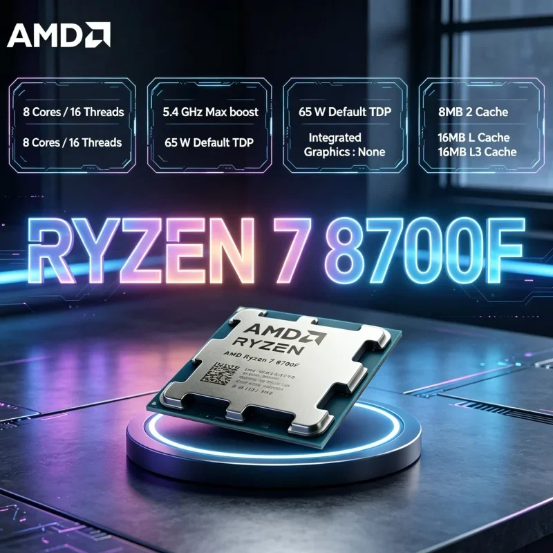 AMD Ryzen 7 8700F Cost Effective Processor 5GHz 8 Cores 16 Threads 65W TDP AM5 Desktop Computer CPU