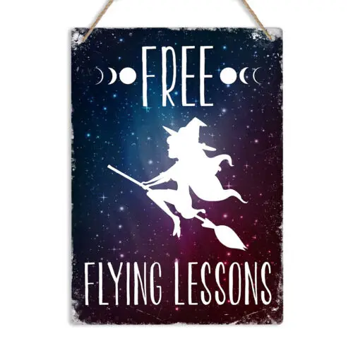 FREE FLYING LESSONS Metal Tin Wall Sign Plaque Home Decor Halloween Witch Funny