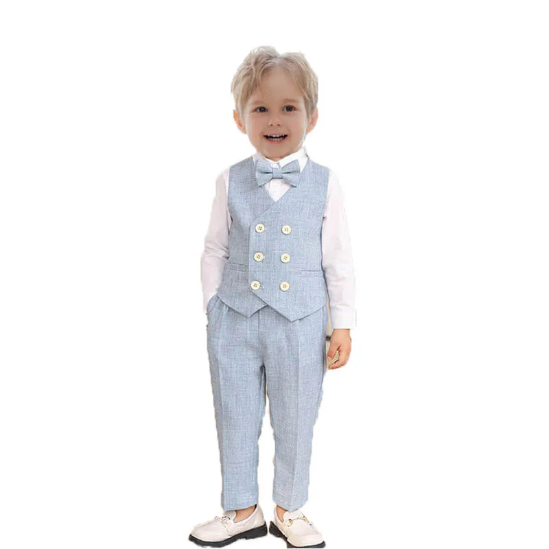 

Boys Soft Breathable Vest Shirt Pants Bowtie Photograph Suit Children Wedding Dress Kids Kindergarten School Uniform Costume