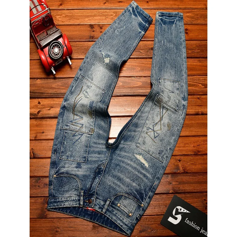 Broken hole jeans for men, retro trend splicing, street nostalgia, personality, handsome, slim fit, small leg pants