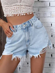 Benuynffy Women's Denim Shorts Streetwear Casual Pockets High Waist Summer Fashion Loose Frayed Hem Ripped Jean Shorts 2024 New
