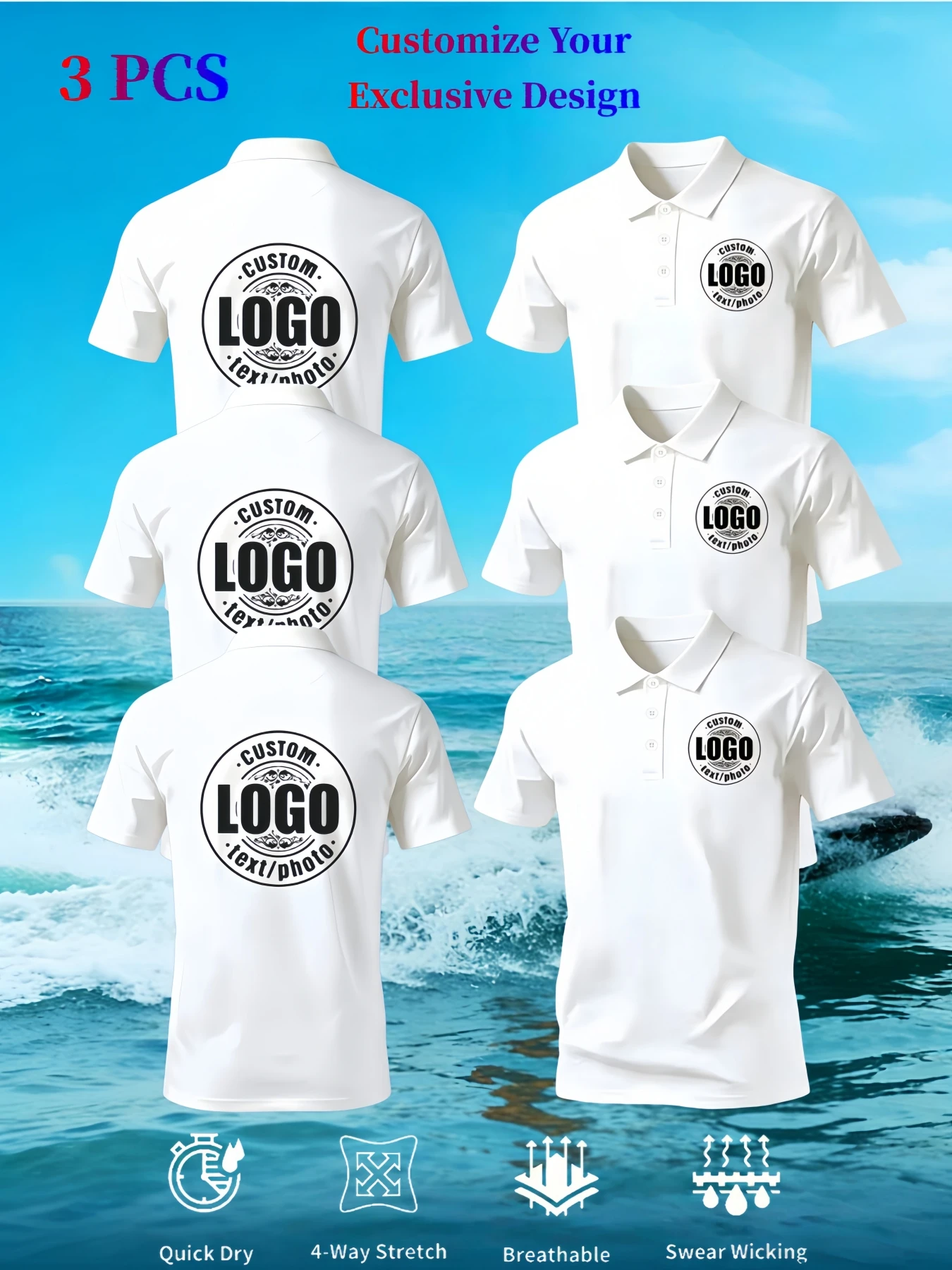 Customizable products: 3-piece men's polo shirts with customizable chest and back; stand-up collar T-shirts ideal for corporate