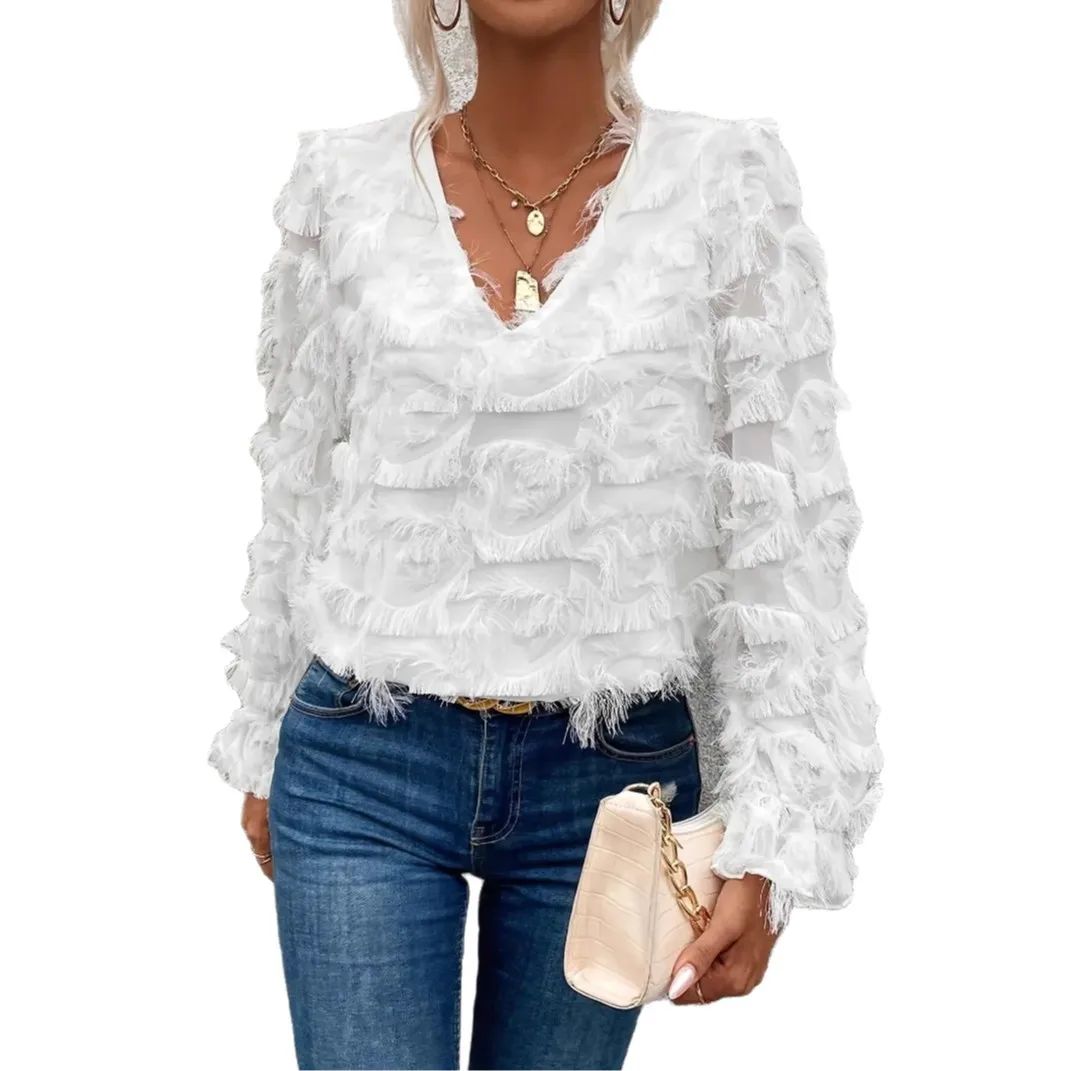 

2025 New Fashion Su Feather Bright Silk Shirt Women In Autumn Casual Loose Solid Color Lotus Leaf Sleeve V-neck Top For Women