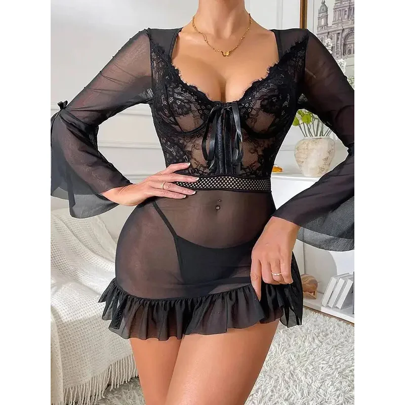 Sexy Lace Mesh Patchwork Sheer Long Sleeve Nightdress Sexy Transparent U-Neck Wrap Hip Dress Charming Pure Desire Elegant