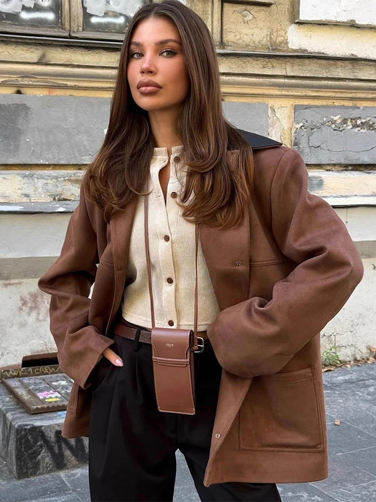 

Trendix Vintage Suede Jacket Femme 2025 Autumn Lapel Patchwork Pocket Cardigan Coats Winter Street Retro Loose Commuting Coat
