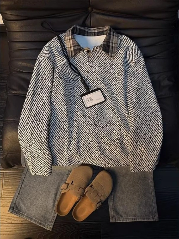 Men's Autumn Winter Starry Knit Polo Sweatshirt Regular Shoulder Collared Inner Base Layer Top