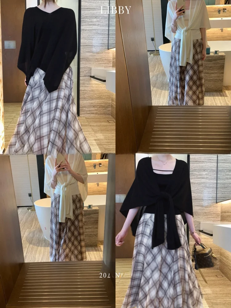 

Libby Summer Plaid Magazine Cover Ele Unusual Artistic Loose Chiffon Tulle f-length Long Skirt Women's Faion