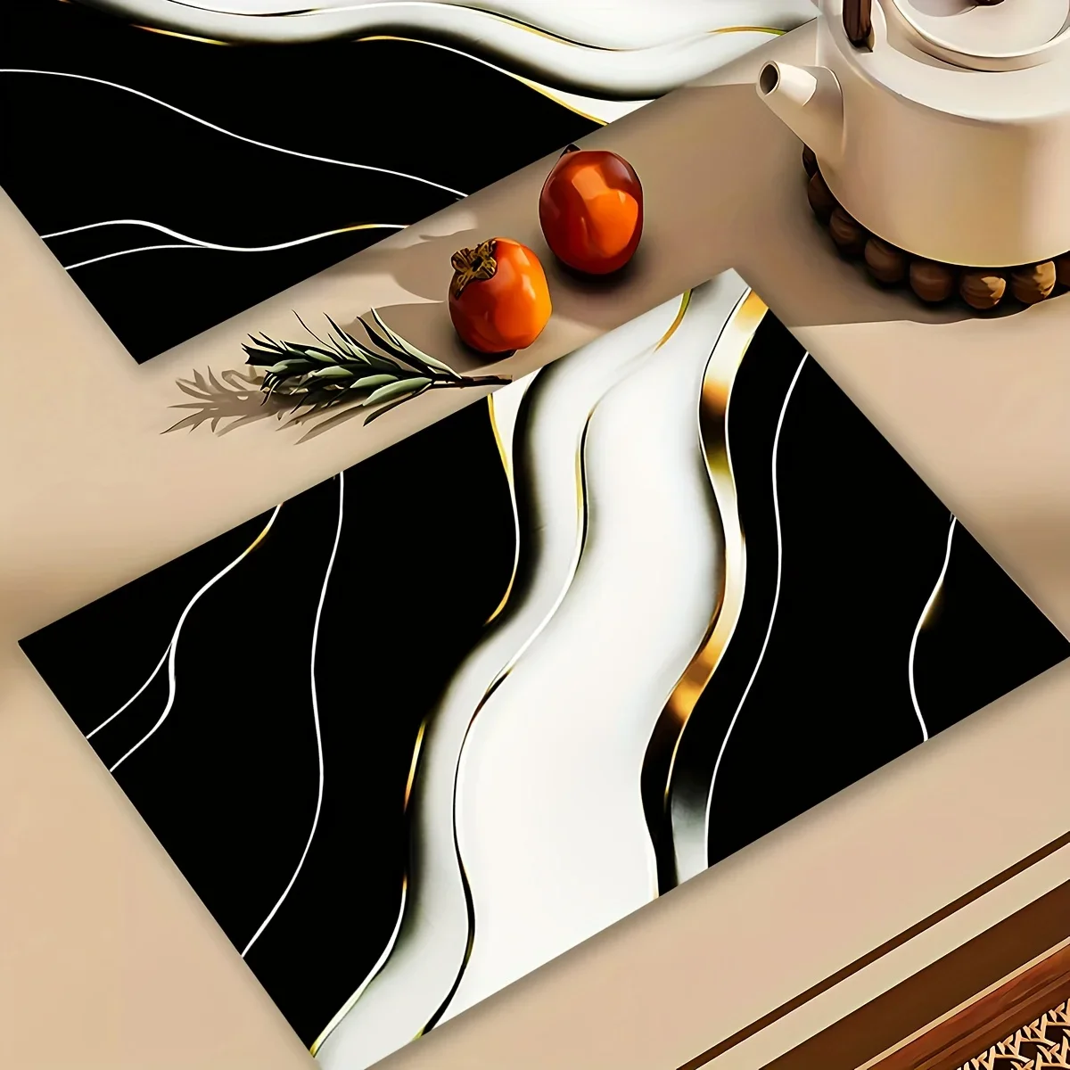 4pcs Black White Marble Placemats Elegant Polyester Table Mats,Washable for Kitchen,Dining & Coffee Table Decor,Minimalist Style