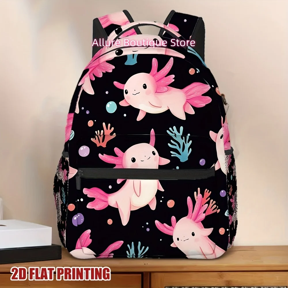 1pc Axolotl Fantasy Backpack - Lightweight, Zipper Closure, Trendy Cartoon Design with Pink & Black Theme, Perfect for School, T